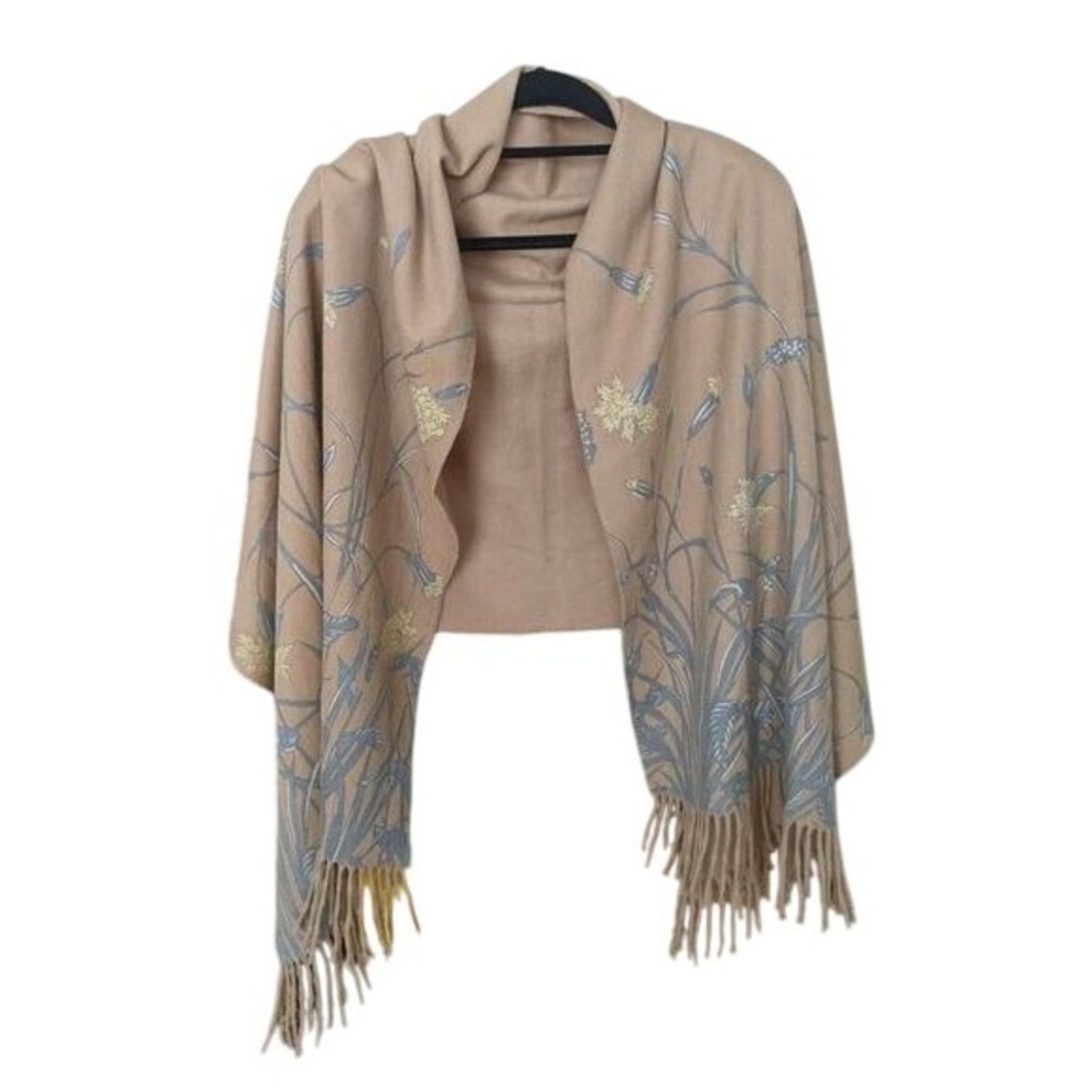 Johnstons Cashmere Scarf Shawl Made in Scotland Floral Fringe Wrap